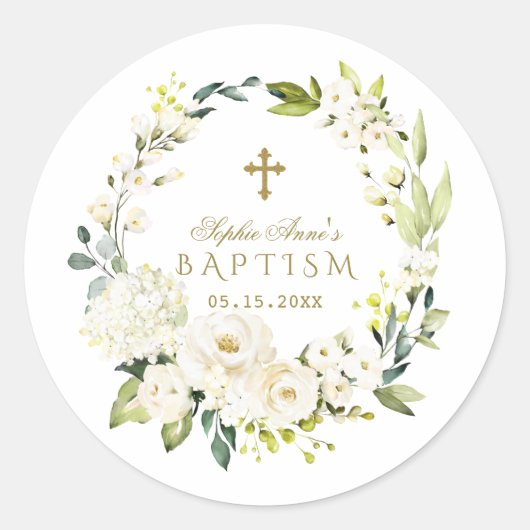 白エレガントクリーム花金ゴールドクロスバプテスマ ラウンドシール (正面)