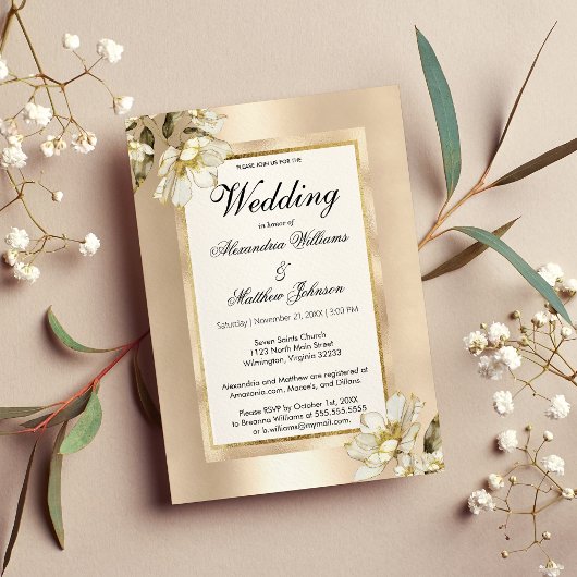 白エレガントグラムシャンパン金ゴールド結婚フローラ 招待状