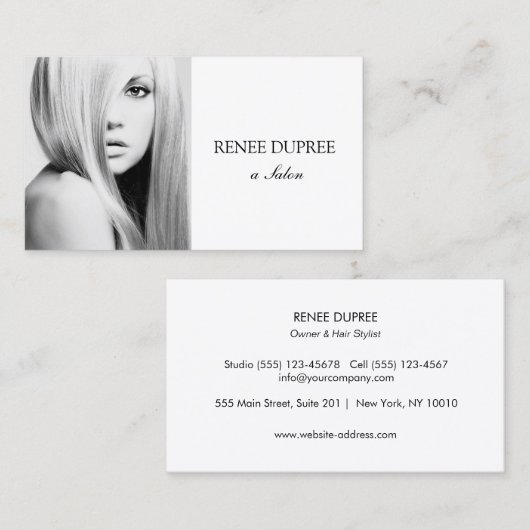 白エレガントサロン写真フォトカード 名刺 (正面/裏面)