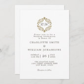 白エレガントシンプル金ゴールドフレームのイニシャル結婚 招待状 (正面/裏面)