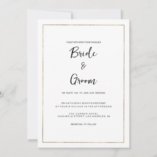 白エレガントシンプル金ゴールドミニマ結婚リスト 招待状 (正面)