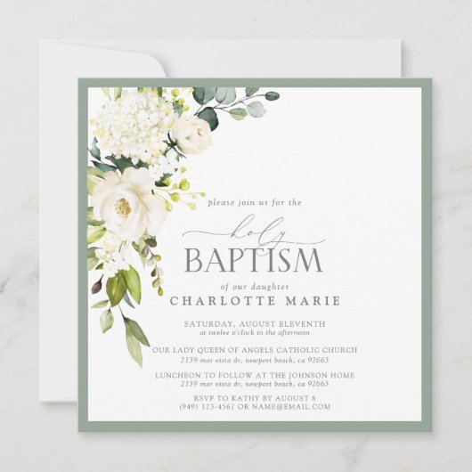 白エレガントセージ緑の水色フローラバプテスマ 招待状 (正面)