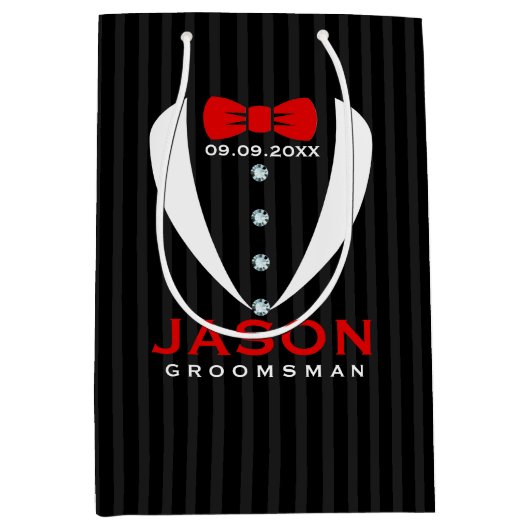 白エレガントタキシードレッドタイグロムスマンデザイン ミディアムペーパーバッグ (正面)