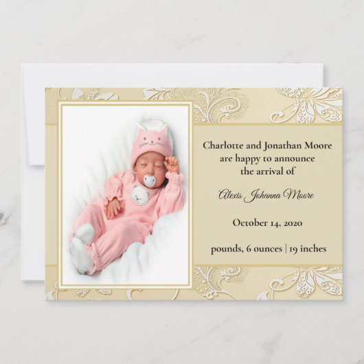 白エレガントダイカットフローラ誕生の発表 招待状 (正面)