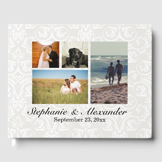 白エレガントダマスク4写真結婚またはイベント ゲストブック (正面)