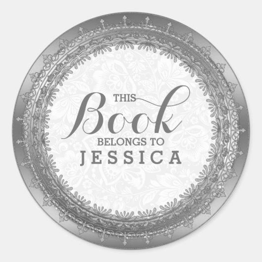 白エレガントダマスク&シルバーレースフレーム ラウンドシール (正面)