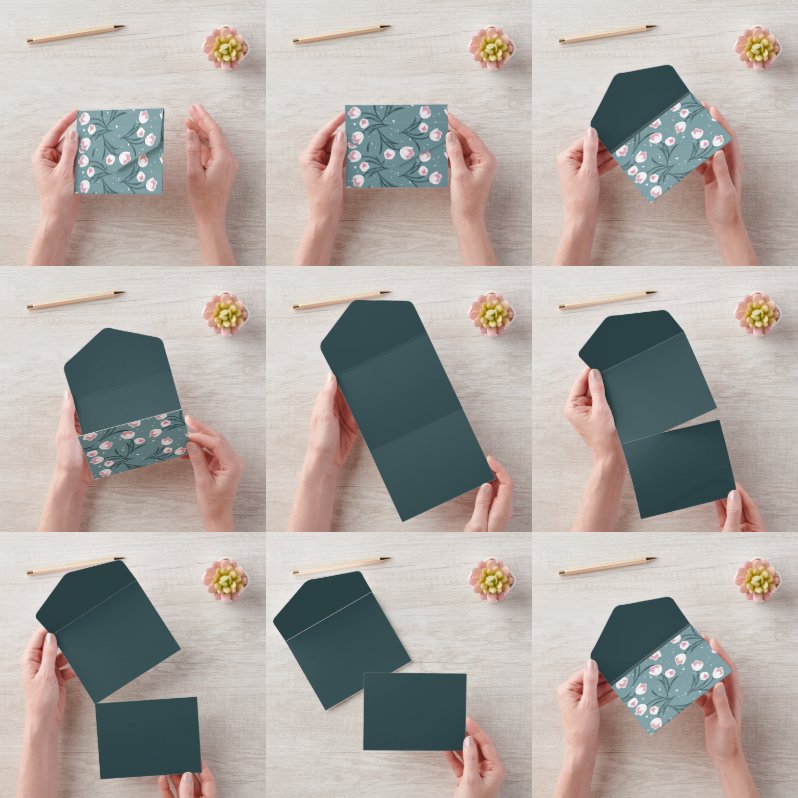 白エレガントチューリップオンパステルグリーンパターン オールインワン招待状