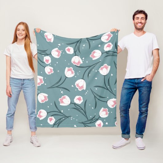 白エレガントチューリップオンパステルグリーンパターン フリースブランケット (インサイチュ)