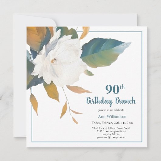 白エレガントティール（緑がかった色）フローラ90th誕生日パーティー 招待状 (正面)