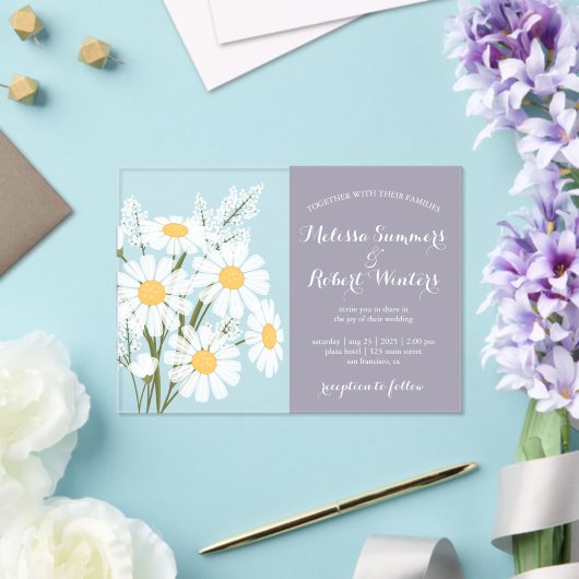 白エレガントデイジーブーケ結婚ズラベンダー アクリル招待状 (インサイチュ (ウェディング))