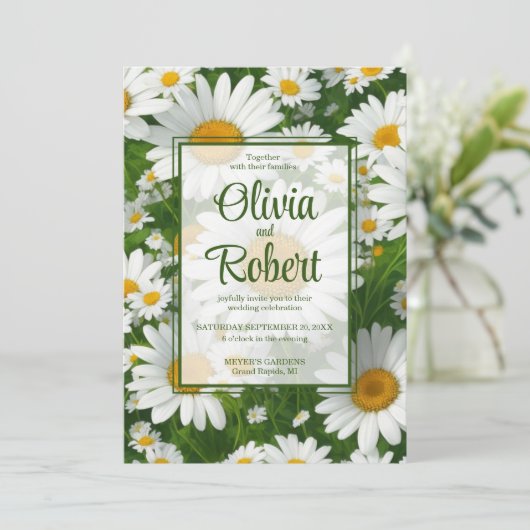 白エレガントデイジー白フローラフィー結婚ルド 招待状 (スタンド正面)