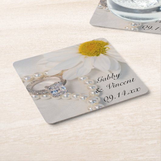 白エレガントデイジー結婚ズ スクエアペーパーコースター (アングル)