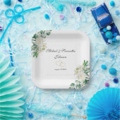 白エレガントバラとユリ結婚ーズ ペーパープレート (パーティー)