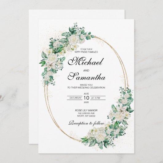 白エレガントバラとユリ結婚ーズ 招待状 (正面/裏面)