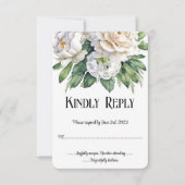 白エレガントバラと牡丹ウェディングRSVP 出欠カード (正面)