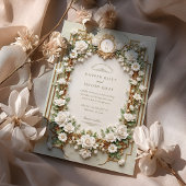 白エレガントバラと金ゴールドフェイク 招待状