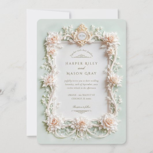 白エレガントバラと金ゴールドフェイク 招待状 (正面)