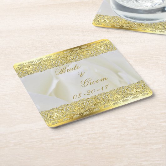 白エレガントバラと金ゴールドレース スクエアペーパーコースター (アングル)