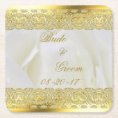 白エレガントバラと金ゴールドレース スクエアペーパーコースター (正面)