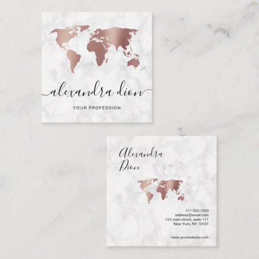 白エレガントバラの世界地図 スクエア名刺 (正面/裏面)