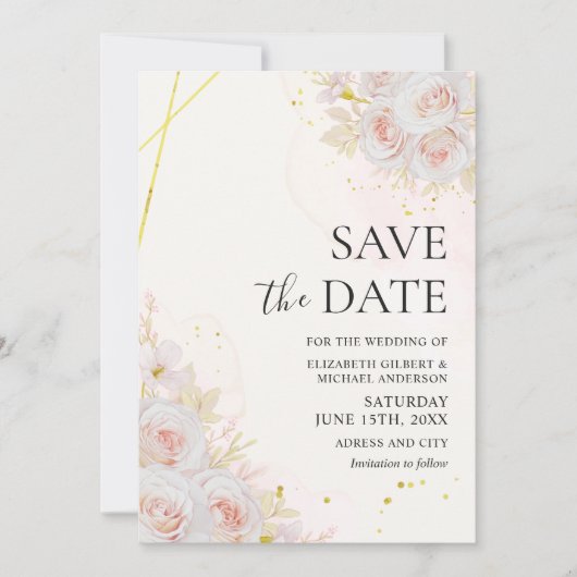 白エレガントバラの結婚式の日付を保存 招待状 (正面)