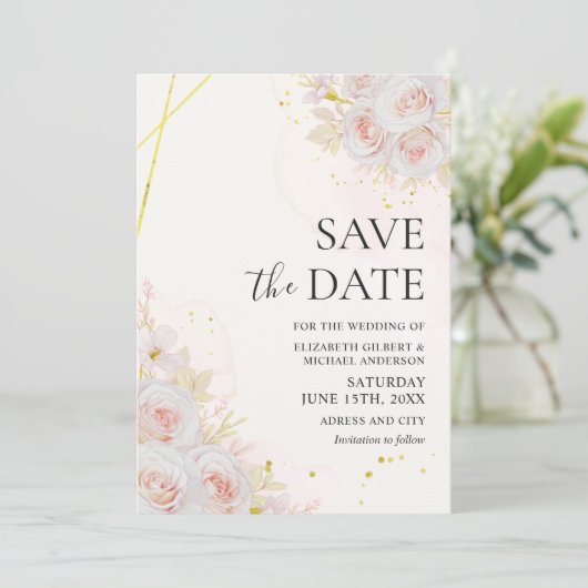 白エレガントバラの結婚式の日付を保存 招待状 (スタンド正面)