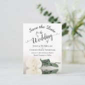 白エレガントバラの結婚式の日付保存 案内ポストカード (スタンド正面)