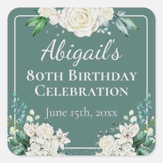 白エレガントバラフローラ80誕生日任意の年齢 スクエアシール (正面)