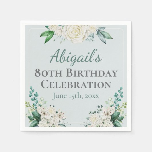 白エレガントバラフローラ80誕生日任意の年齢 スタンダードカクテルナプキン (正面)