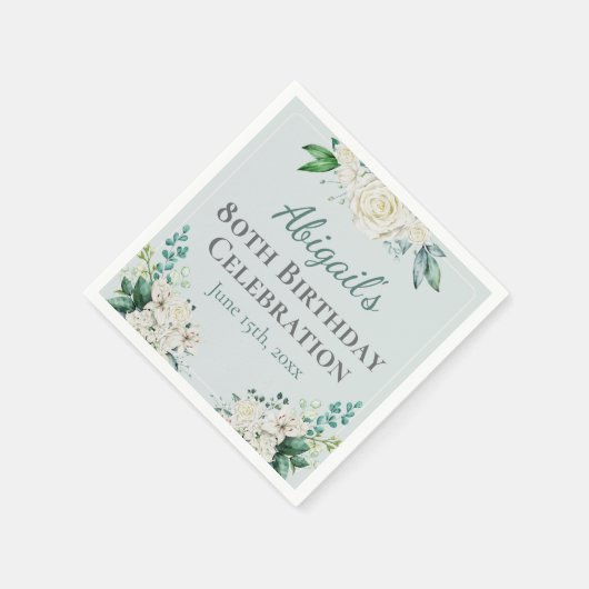 白エレガントバラフローラ80誕生日任意の年齢 スタンダードカクテルナプキン (角)