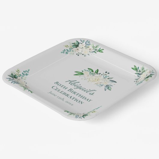 白エレガントバラフローラ80誕生日任意の年齢 ペーパープレート (傾斜あり)