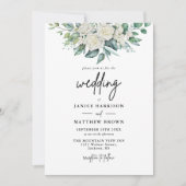 白エレガントバラ緑のフローラ写真結婚 招待状 (正面)