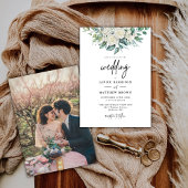 白エレガントバラ緑のフローラ写真結婚 招待状