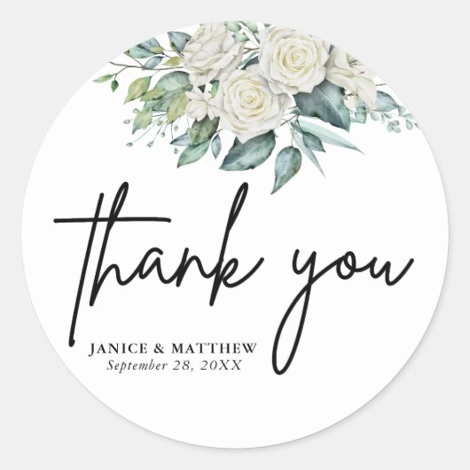 白エレガントバラ緑結婚フローラ ラウンドシール (正面)