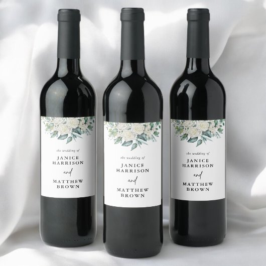 白エレガントバラ緑結婚フローラ ワインラベル