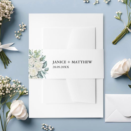 白エレガントバラ緑結婚フローラ 招待状ベリーバンド