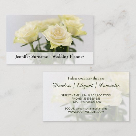 白エレガントバラ花クラシックウェディングプランナー 名刺 (正面/裏面)