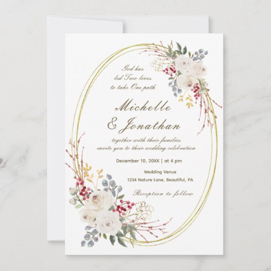 白エレガントバラ金ゴールドフレームクリスチャン結婚ズ 招待状 (正面)