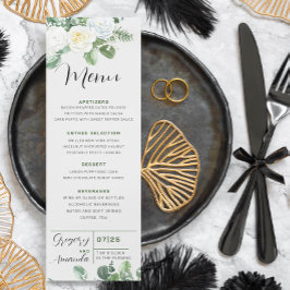 白エレガントバラ&緑結婚のメニュー 招待状
