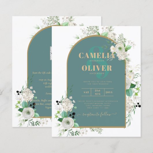 白エレガントバラAll-in-1結婚式への招待RSVP (正面/裏面)