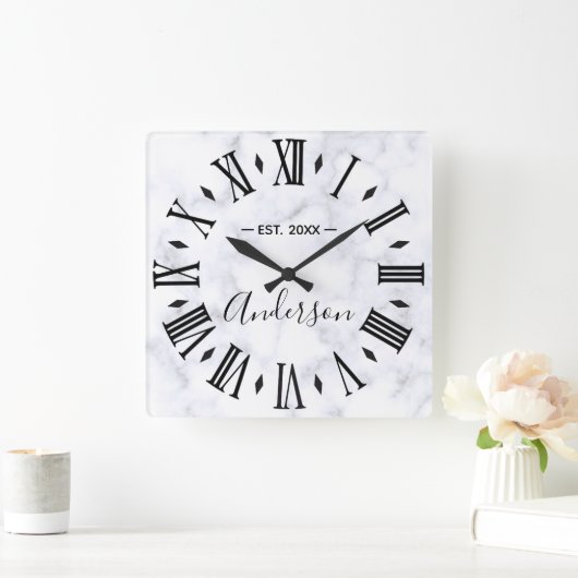 白エレガントパーソナライズされた大理石 スクエア壁時計 (ホーム)