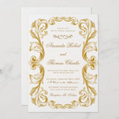 白エレガントビクトリアンと金ゴールド結婚の 招待状 (正面/裏面)