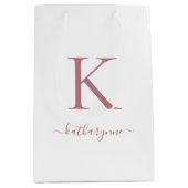 白エレガントピンクのバラ金ゴールドモノグラム名 ミディアムペーパーバッグ (正面)