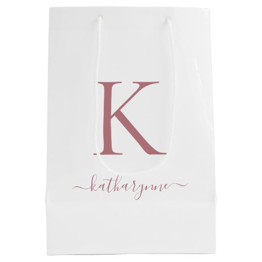 白エレガントピンクのバラ金ゴールドモノグラム名 ミディアムペーパーバッグ (裏面)