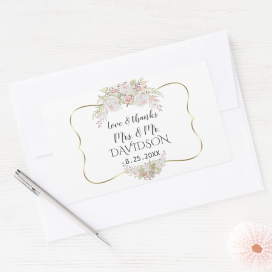 白エレガントピンクの花金ゴールドフレ結婚ーム 長方形シール (封筒)