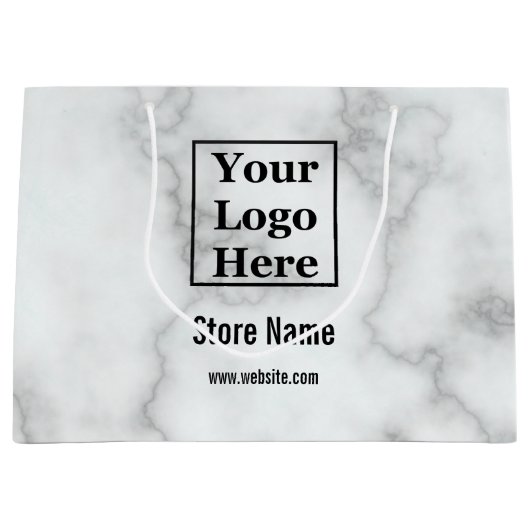 白エレガントフェイク大理石ここにロゴ ラージペーパーバッグ (正面)