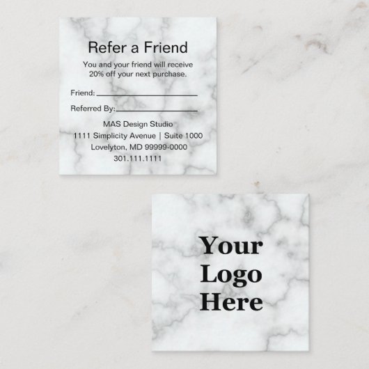 白エレガントフェイク大理石ここにロゴ 紹介カード (正面/裏面)