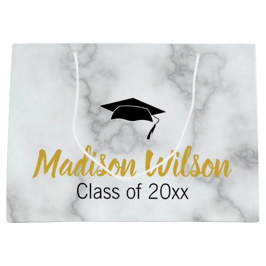 白エレガントフェイク大理石の卒業学名 ラージペーパーバッグ (正面)