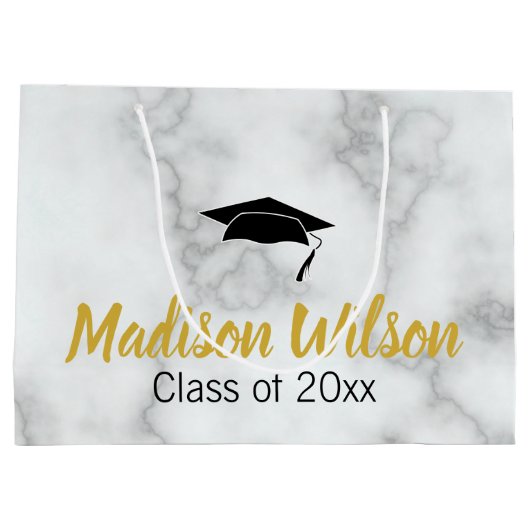 白エレガントフェイク大理石の卒業学名 ラージペーパーバッグ (裏面)