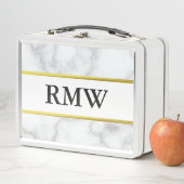 白エレガントフェイク大理石ブラックモノグラム文字 メタルランチボックス (インサイチュ)